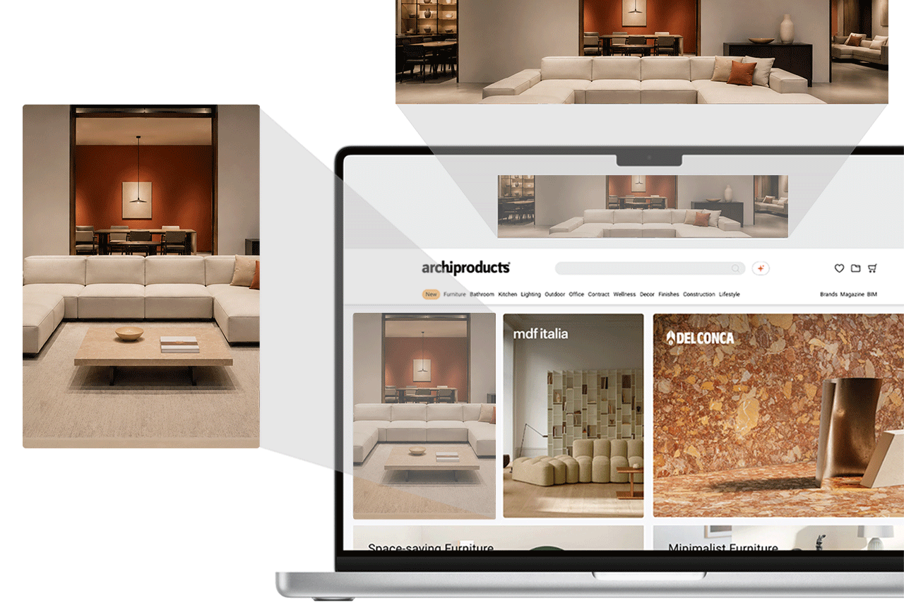 A living room with a beige sectional sofa and wooden coffee table is displayed on a laptop screen showing a furniture website.